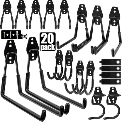 Heavy Duty Wall Garage Hooks, Steel Anti-Slip Utility Hooks Storage Organization Hangers for Ladders, Bikes, Hose, Garden Tools, Coats, Bags with Mounting Hardware Kit (Black, 12 Pack)