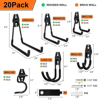 Heavy Duty Wall Garage Hooks, Steel Anti-Slip Utility Hooks Storage Organization Hangers for Ladders, Bikes, Hose, Garden Tools, Coats, Bags with Mounting Hardware Kit (Black, 12 Pack)