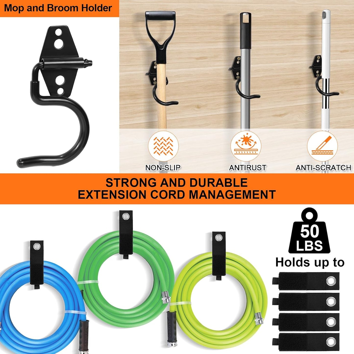 Heavy Duty Wall Garage Hooks, Steel Anti-Slip Utility Hooks Storage Organization Hangers for Ladders, Bikes, Hose, Garden Tools, Coats, Bags with Mounting Hardware Kit (Black, 12 Pack)