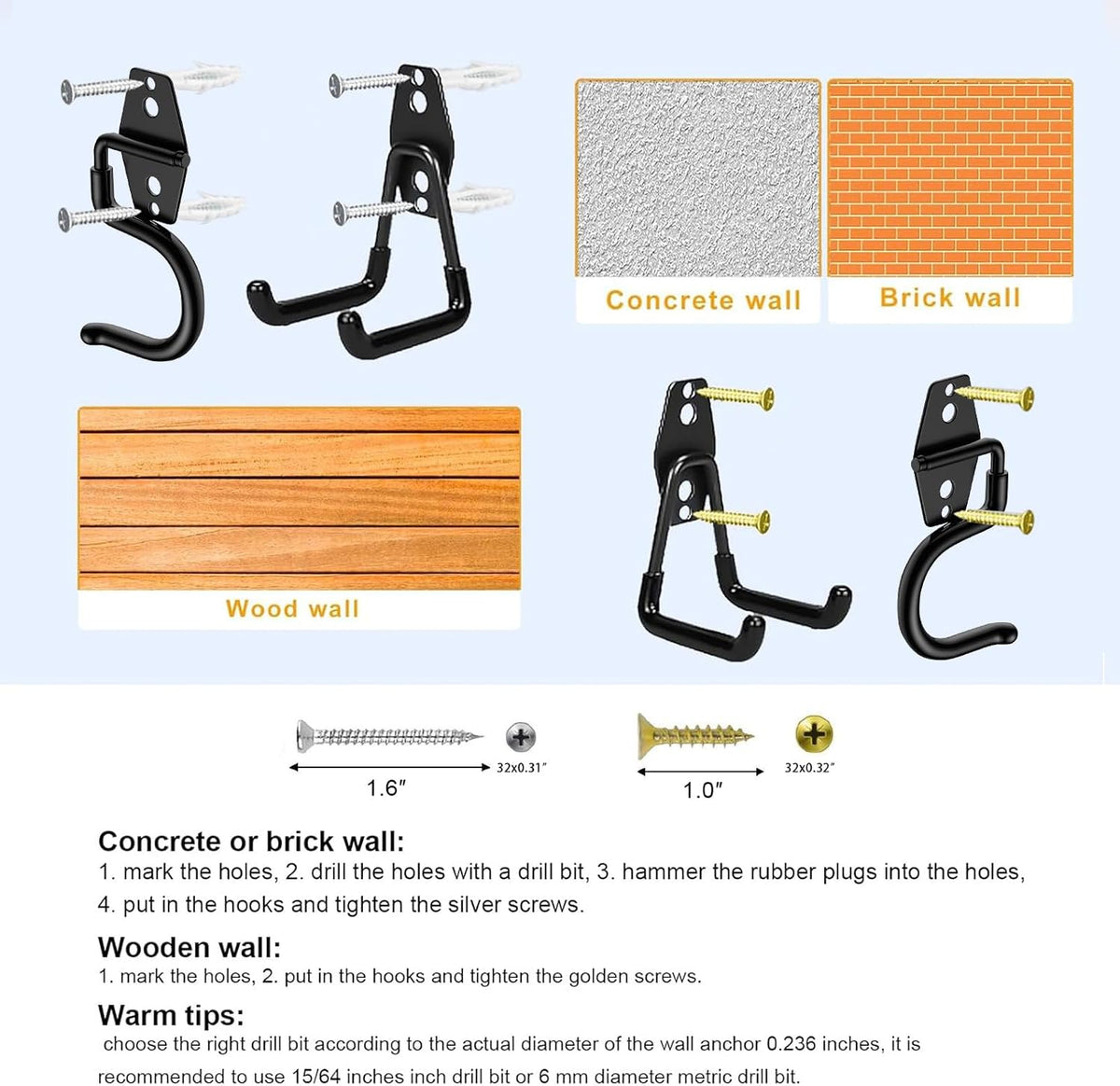 Heavy Duty Wall Garage Hooks, Steel Anti-Slip Utility Hooks Storage Organization Hangers for Ladders, Bikes, Hose, Garden Tools, Coats, Bags with Mounting Hardware Kit (Black, 12 Pack)