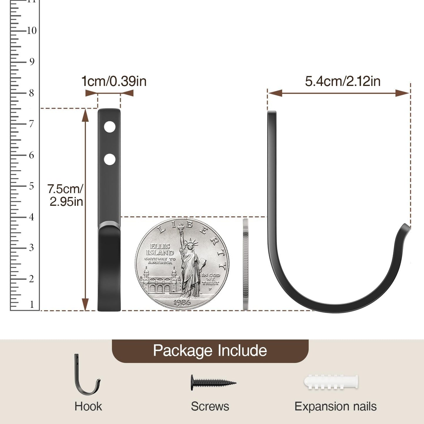 22LB Wall Hooks for Hanging Towel/Coat, Black 5 Pack
