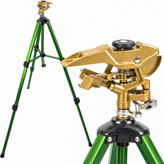 Large Impact Sprinkler on Tripod Base, Heavy Duty Zinc Alloy Sprinkler for Yard with Adjustable Head and Extendable Tripod, 360 Full Coverage Irrigation Tool for Lawn Garden