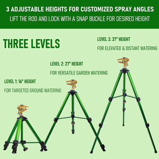 Large Impact Sprinkler on Tripod Base, Heavy Duty Zinc Alloy Sprinkler for Yard with Adjustable Head and Extendable Tripod, 360 Full Coverage Irrigation Tool for Lawn Garden