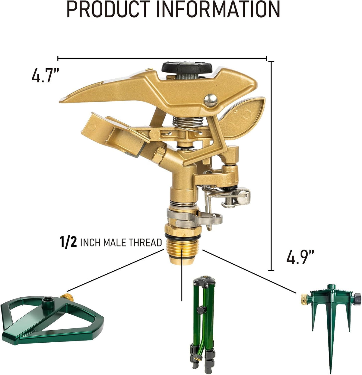 Large Impact Sprinkler on Tripod Base, Heavy Duty Zinc Alloy Sprinkler for Yard with Adjustable Head and Extendable Tripod, 360 Full Coverage Irrigation Tool for Lawn Garden