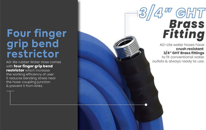 AG-LITE BSAL5806 5/8" x 06' Hot/Cold Water Rubber Garden Hose, 100% Rubber, Ultra-Light, Super Strong, 500 PSI, 50F to 190F Degrees, High Strength Polyester Braided