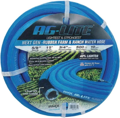 AG-LITE BSAL5806 5/8" x 06' Hot/Cold Water Rubber Garden Hose, 100% Rubber, Ultra-Light, Super Strong, 500 PSI, 50F to 190F Degrees, High Strength Polyester Braided
