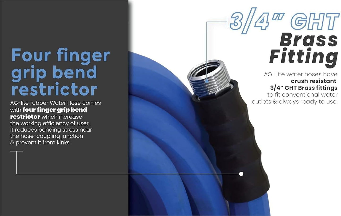 AG-LITE BSAL5806 5/8" x 06' Hot/Cold Water Rubber Garden Hose, 100% Rubber, Ultra-Light, Super Strong, 500 PSI, 50F to 190F Degrees, High Strength Polyester Braided