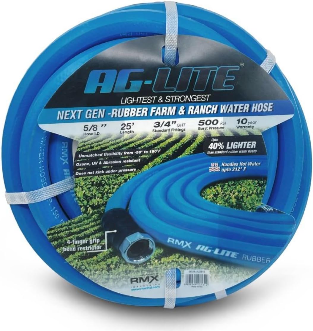 AG-LITE BSAL5806 5/8" x 06' Hot/Cold Water Rubber Garden Hose, 100% Rubber, Ultra-Light, Super Strong, 500 PSI, 50F to 190F Degrees, High Strength Polyester Braided