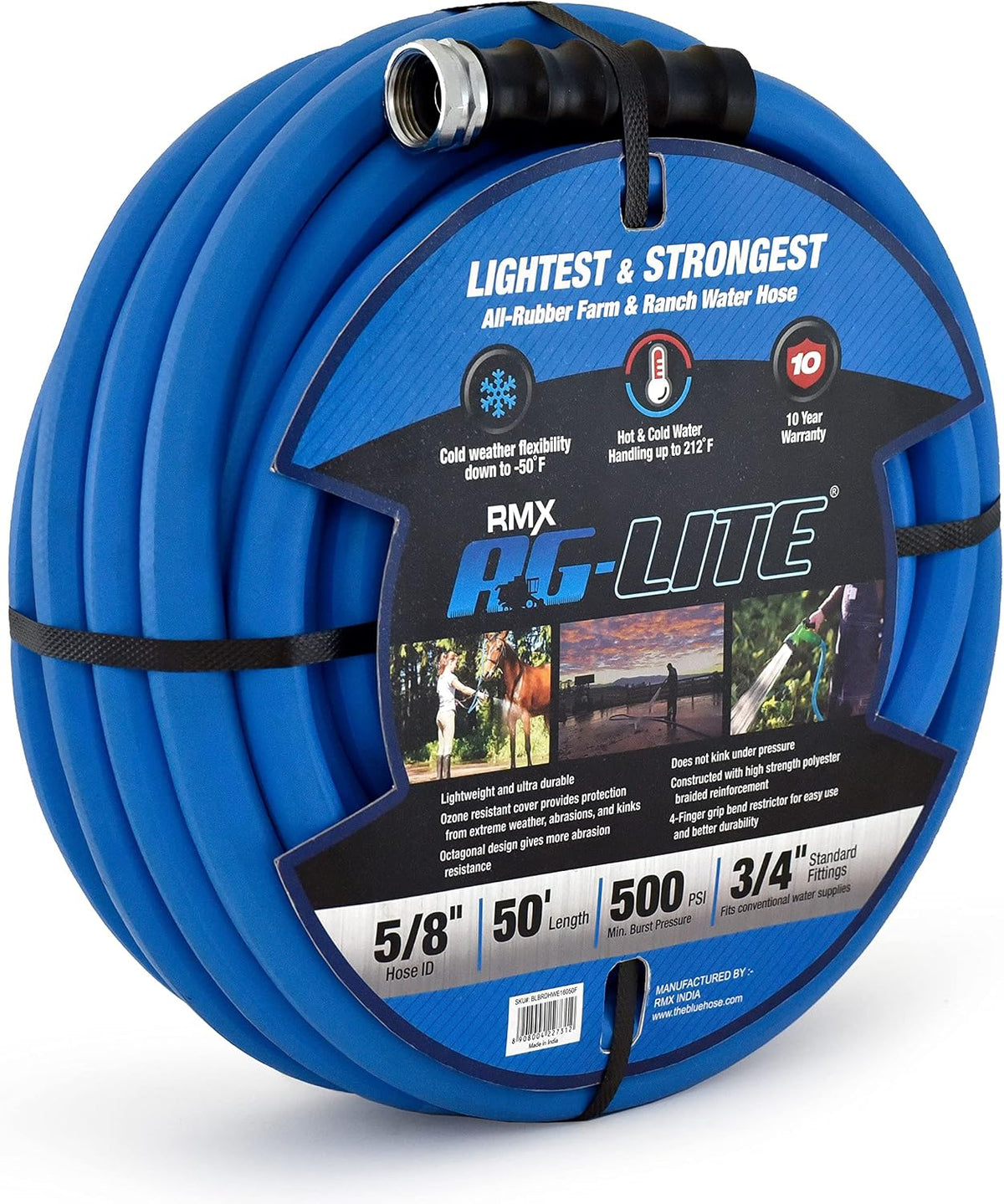 AG-LITE BSAL5806 5/8" x 06' Hot/Cold Water Rubber Garden Hose, 100% Rubber, Ultra-Light, Super Strong, 500 PSI, 50F to 190F Degrees, High Strength Polyester Braided