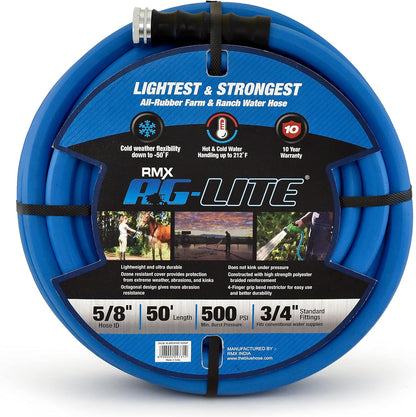 AG-LITE BSAL5806 5/8" x 06' Hot/Cold Water Rubber Garden Hose, 100% Rubber, Ultra-Light, Super Strong, 500 PSI, 50F to 190F Degrees, High Strength Polyester Braided