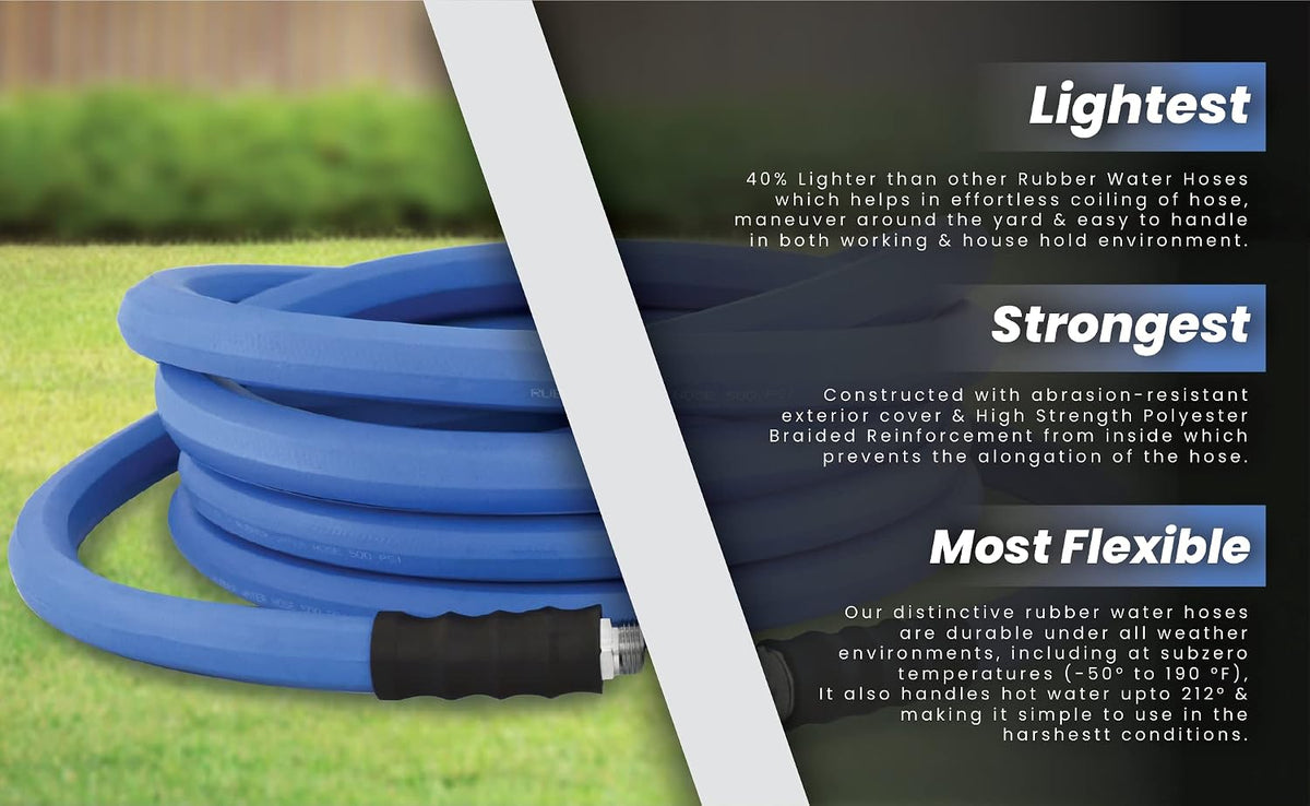 AG-LITE BSAL5806 5/8" x 06' Hot/Cold Water Rubber Garden Hose, 100% Rubber, Ultra-Light, Super Strong, 500 PSI, 50F to 190F Degrees, High Strength Polyester Braided