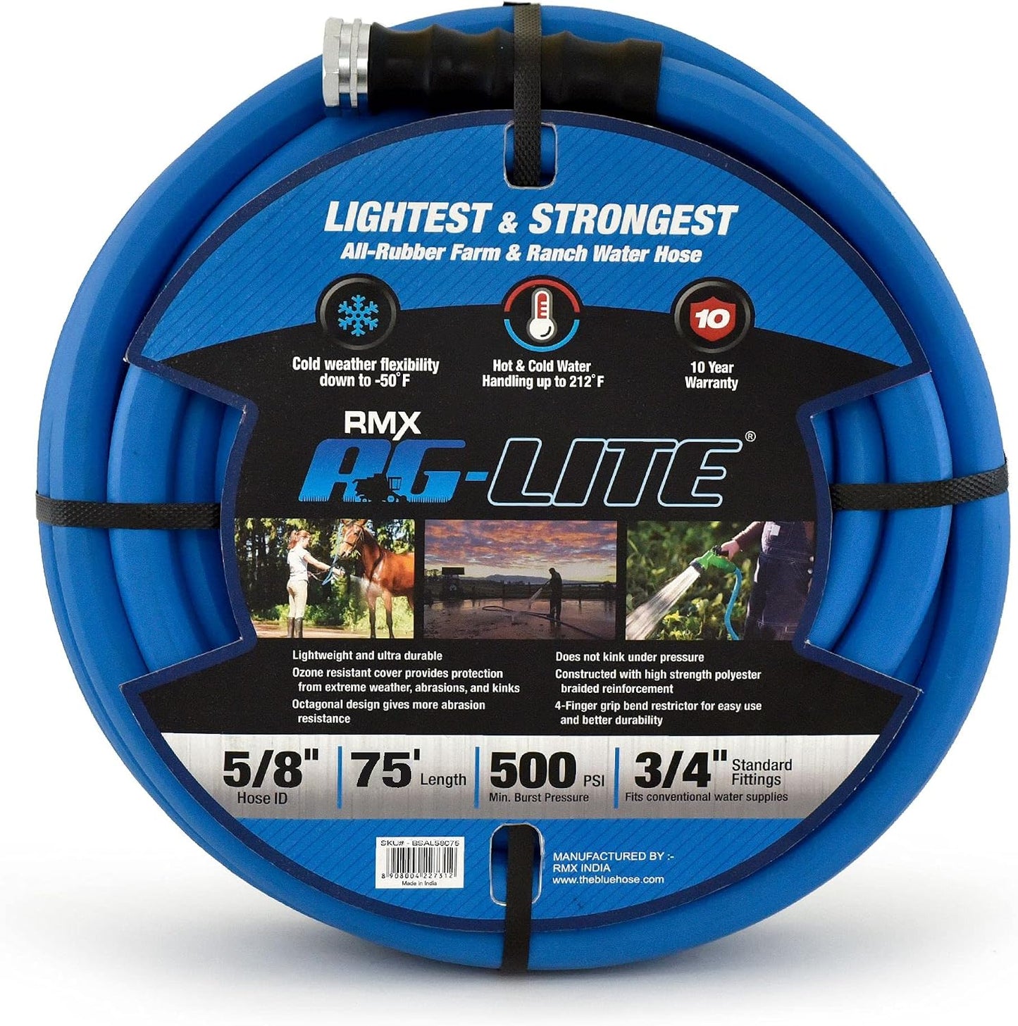 AG-LITE BSAL5806 5/8" x 06' Hot/Cold Water Rubber Garden Hose, 100% Rubber, Ultra-Light, Super Strong, 500 PSI, 50F to 190F Degrees, High Strength Polyester Braided