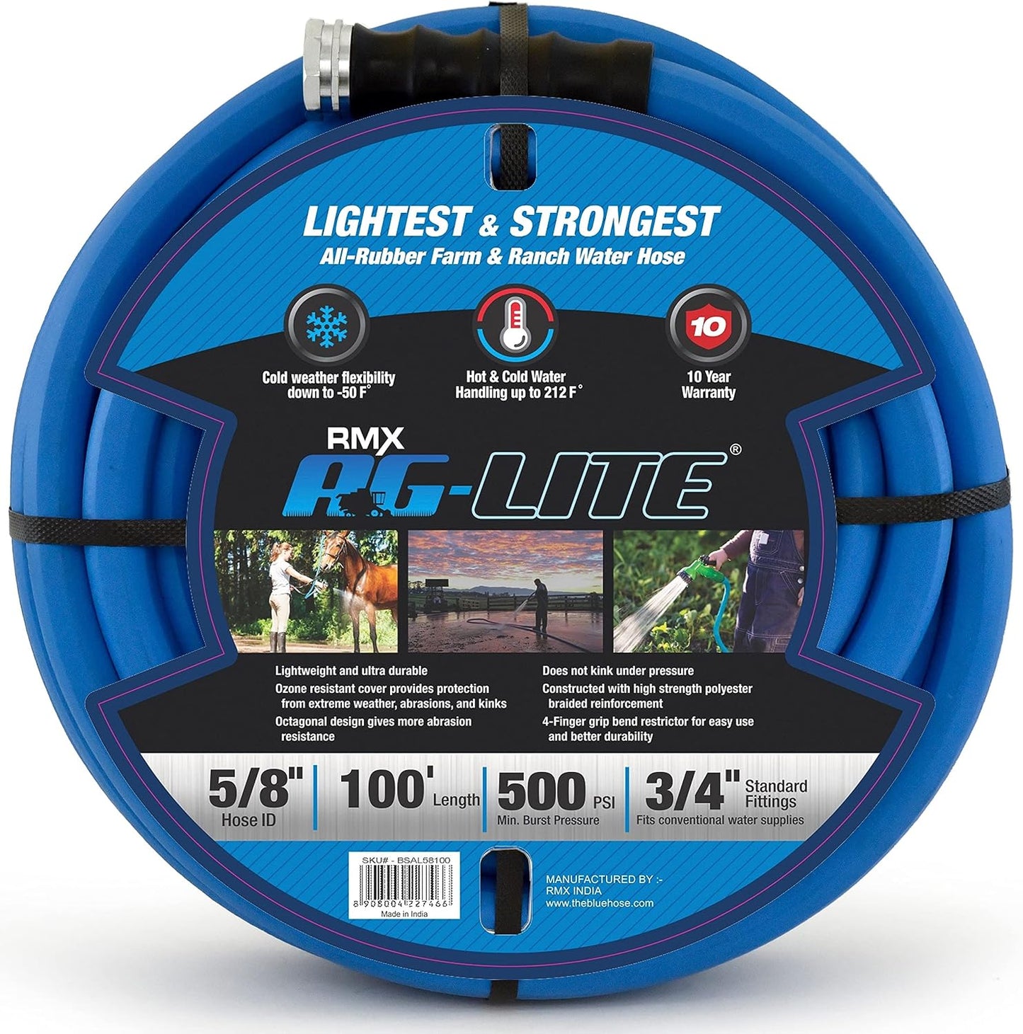 AG-LITE BSAL5806 5/8" x 06' Hot/Cold Water Rubber Garden Hose, 100% Rubber, Ultra-Light, Super Strong, 500 PSI, 50F to 190F Degrees, High Strength Polyester Braided