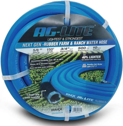 AG-LITE BSAL5806 5/8" x 06' Hot/Cold Water Rubber Garden Hose, 100% Rubber, Ultra-Light, Super Strong, 500 PSI, 50F to 190F Degrees, High Strength Polyester Braided