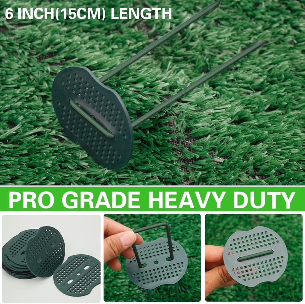 50pcs Green Artificial Turf Stakes Staples + 50pcs Buffer Washer, 6 Inch 11 Gauge Landscape Staples, Galvanized Lawn Spikes, Heavy Duty Yard Ground Pin for Grass Weed Barrier Sod Fabric