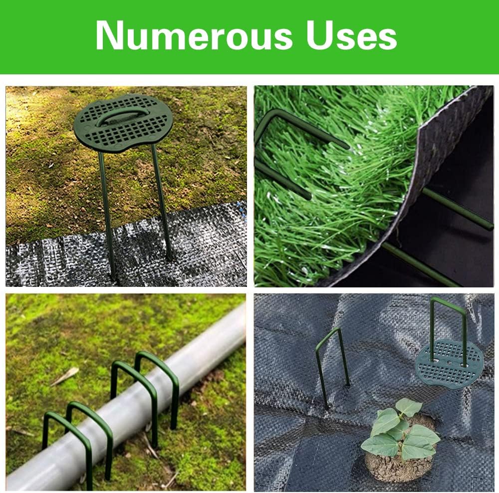 50pcs Green Artificial Turf Stakes Staples + 50pcs Buffer Washer, 6 Inch 11 Gauge Landscape Staples, Galvanized Lawn Spikes, Heavy Duty Yard Ground Pin for Grass Weed Barrier Sod Fabric