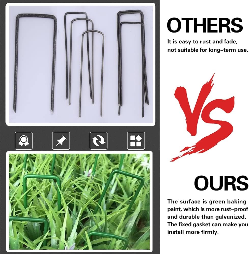 50pcs Green Artificial Turf Stakes Staples + 50pcs Buffer Washer, 6 Inch 11 Gauge Landscape Staples, Galvanized Lawn Spikes, Heavy Duty Yard Ground Pin for Grass Weed Barrier Sod Fabric