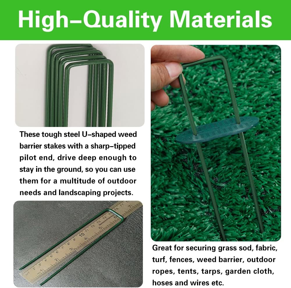 50pcs Green Artificial Turf Stakes Staples + 50pcs Buffer Washer, 6 Inch 11 Gauge Landscape Staples, Galvanized Lawn Spikes, Heavy Duty Yard Ground Pin for Grass Weed Barrier Sod Fabric