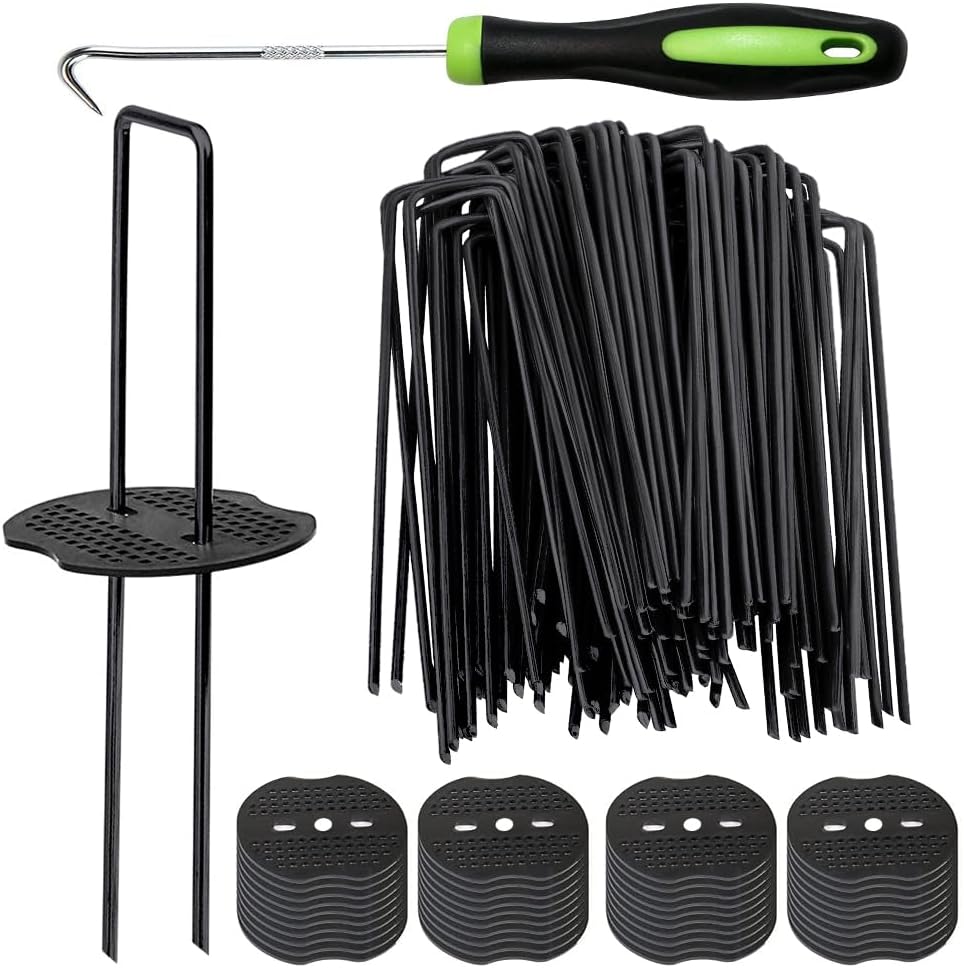 50pcs Green Artificial Turf Stakes Staples + 50pcs Buffer Washer, 6 Inch 11 Gauge Landscape Staples, Galvanized Lawn Spikes, Heavy Duty Yard Ground Pin for Grass Weed Barrier Sod Fabric