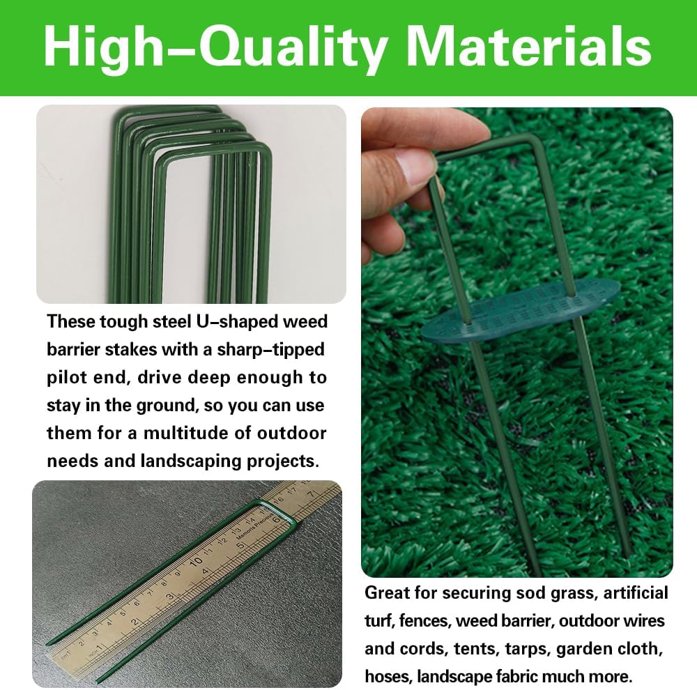 50pcs Green Artificial Turf Stakes Staples + 50pcs Buffer Washer, 6 Inch 11 Gauge Landscape Staples, Galvanized Lawn Spikes, Heavy Duty Yard Ground Pin for Grass Weed Barrier Sod Fabric