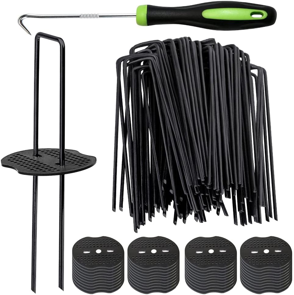 50pcs Green Artificial Turf Stakes Staples + 50pcs Buffer Washer, 6 Inch 11 Gauge Landscape Staples, Galvanized Lawn Spikes, Heavy Duty Yard Ground Pin for Grass Weed Barrier Sod Fabric