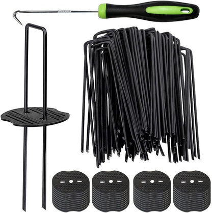 50pcs Green Artificial Turf Stakes Staples + 50pcs Buffer Washer, 6 Inch 11 Gauge Landscape Staples, Galvanized Lawn Spikes, Heavy Duty Yard Ground Pin for Grass Weed Barrier Sod Fabric