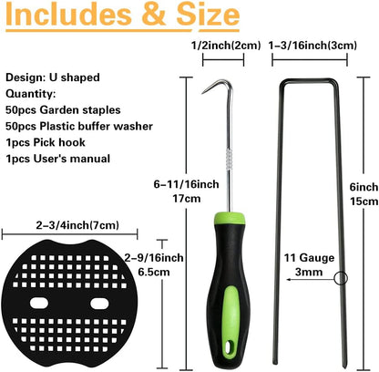 50pcs Green Artificial Turf Stakes Staples + 50pcs Buffer Washer, 6 Inch 11 Gauge Landscape Staples, Galvanized Lawn Spikes, Heavy Duty Yard Ground Pin for Grass Weed Barrier Sod Fabric