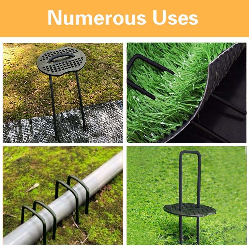 50pcs Green Artificial Turf Stakes Staples + 50pcs Buffer Washer, 6 Inch 11 Gauge Landscape Staples, Galvanized Lawn Spikes, Heavy Duty Yard Ground Pin for Grass Weed Barrier Sod Fabric