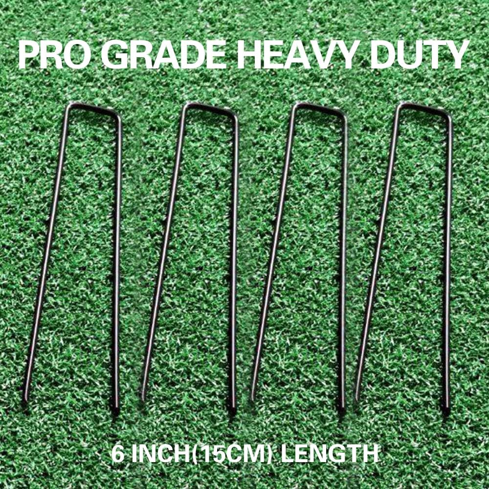 50pcs Green Artificial Turf Stakes Staples + 50pcs Buffer Washer, 6 Inch 11 Gauge Landscape Staples, Galvanized Lawn Spikes, Heavy Duty Yard Ground Pin for Grass Weed Barrier Sod Fabric