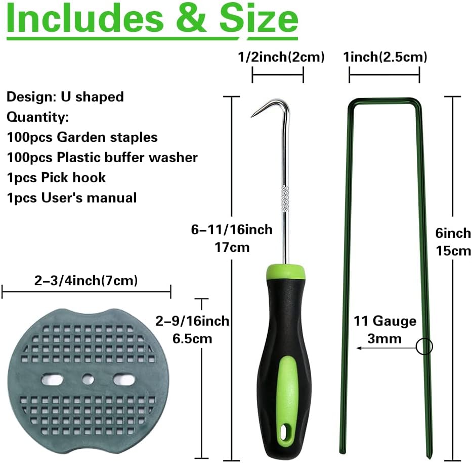 50pcs Green Artificial Turf Stakes Staples + 50pcs Buffer Washer, 6 Inch 11 Gauge Landscape Staples, Galvanized Lawn Spikes, Heavy Duty Yard Ground Pin for Grass Weed Barrier Sod Fabric
