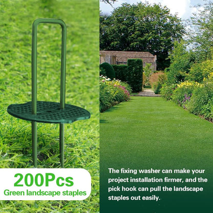 50pcs Green Artificial Turf Stakes Staples + 50pcs Buffer Washer, 6 Inch 11 Gauge Landscape Staples, Galvanized Lawn Spikes, Heavy Duty Yard Ground Pin for Grass Weed Barrier Sod Fabric