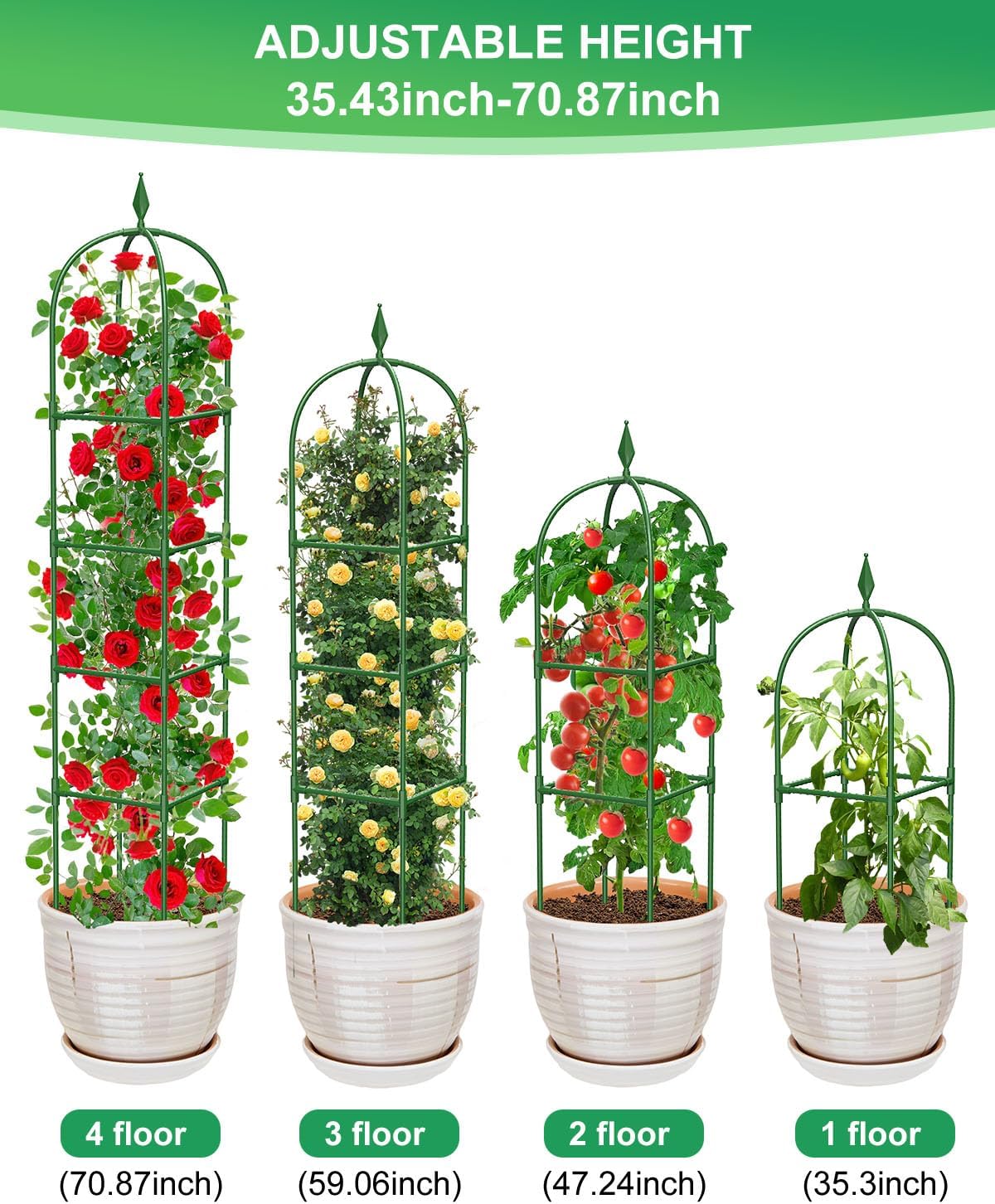 MYMULIKE 2 Pack Garden Obelisk Trellis for Climbing Plants Outdoor & Indoor - 6Ft Rustproof Garden Trellis Plant Support Cage for Vines, Flowers, Vegetables, Roses | Heavy-Duty, Adjustable