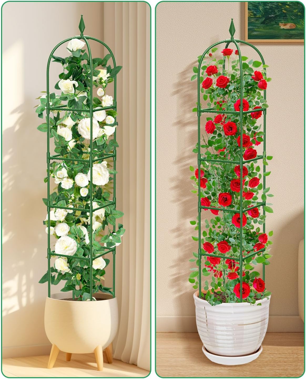 MYMULIKE 2 Pack Garden Obelisk Trellis for Climbing Plants Outdoor & Indoor - 6Ft Rustproof Garden Trellis Plant Support Cage for Vines, Flowers, Vegetables, Roses | Heavy-Duty, Adjustable