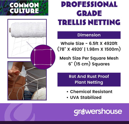 Professional Grade Trellis Netting Bulk Roll, 6.5ft x 4920ft (78" x 4920' | 1.98m x 1500m), 6" (15 cm) Squares, Heavy Duty Scrog Net with Trimming Scissors