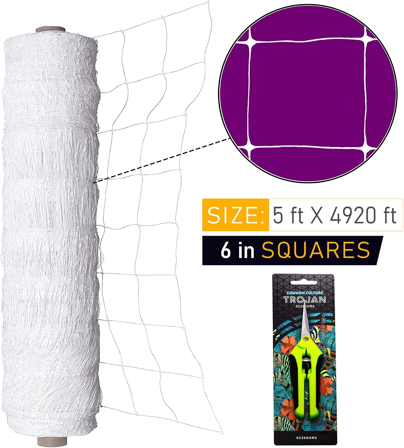 Professional Grade Trellis Netting Bulk Roll, 6.5ft x 4920ft (78" x 4920' | 1.98m x 1500m), 6" (15 cm) Squares, Heavy Duty Scrog Net with Trimming Scissors