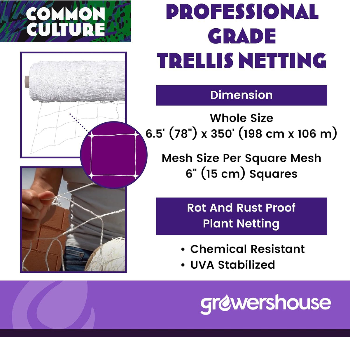 Professional Grade Trellis Netting Bulk Roll, 6.5ft x 4920ft (78" x 4920' | 1.98m x 1500m), 6" (15 cm) Squares, Heavy Duty Scrog Net with Trimming Scissors