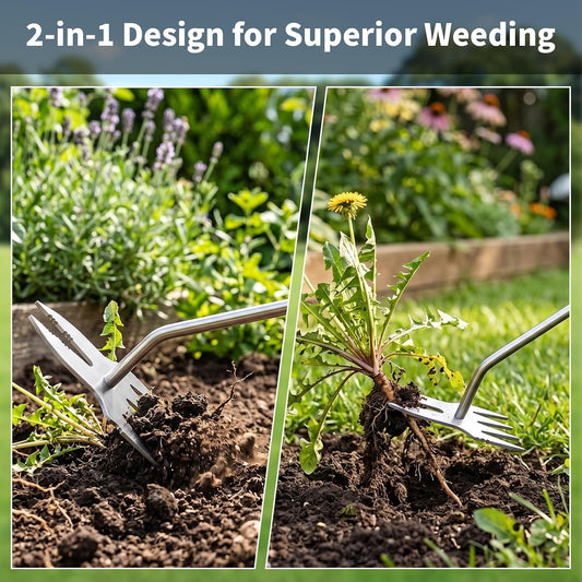 Weed Puller Tool, Heavy Duty Stainless Steel Garden Weed Puller with 4-Tine & Root Removal Fork, Weeding Tool, Deep Root Weed Remover for Dandelion, Crabgrass & Thistle, 2-in-1 Garden Tools (Orange)
