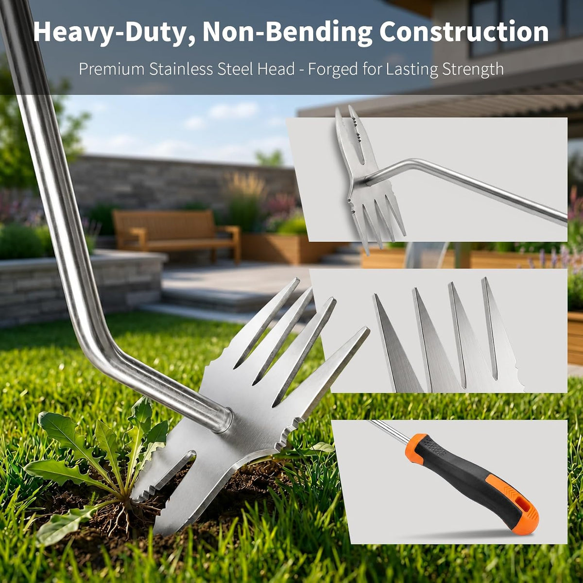 Weed Puller Tool, Heavy Duty Stainless Steel Garden Weed Puller with 4-Tine & Root Removal Fork, Weeding Tool, Deep Root Weed Remover for Dandelion, Crabgrass & Thistle, 2-in-1 Garden Tools (Orange)
