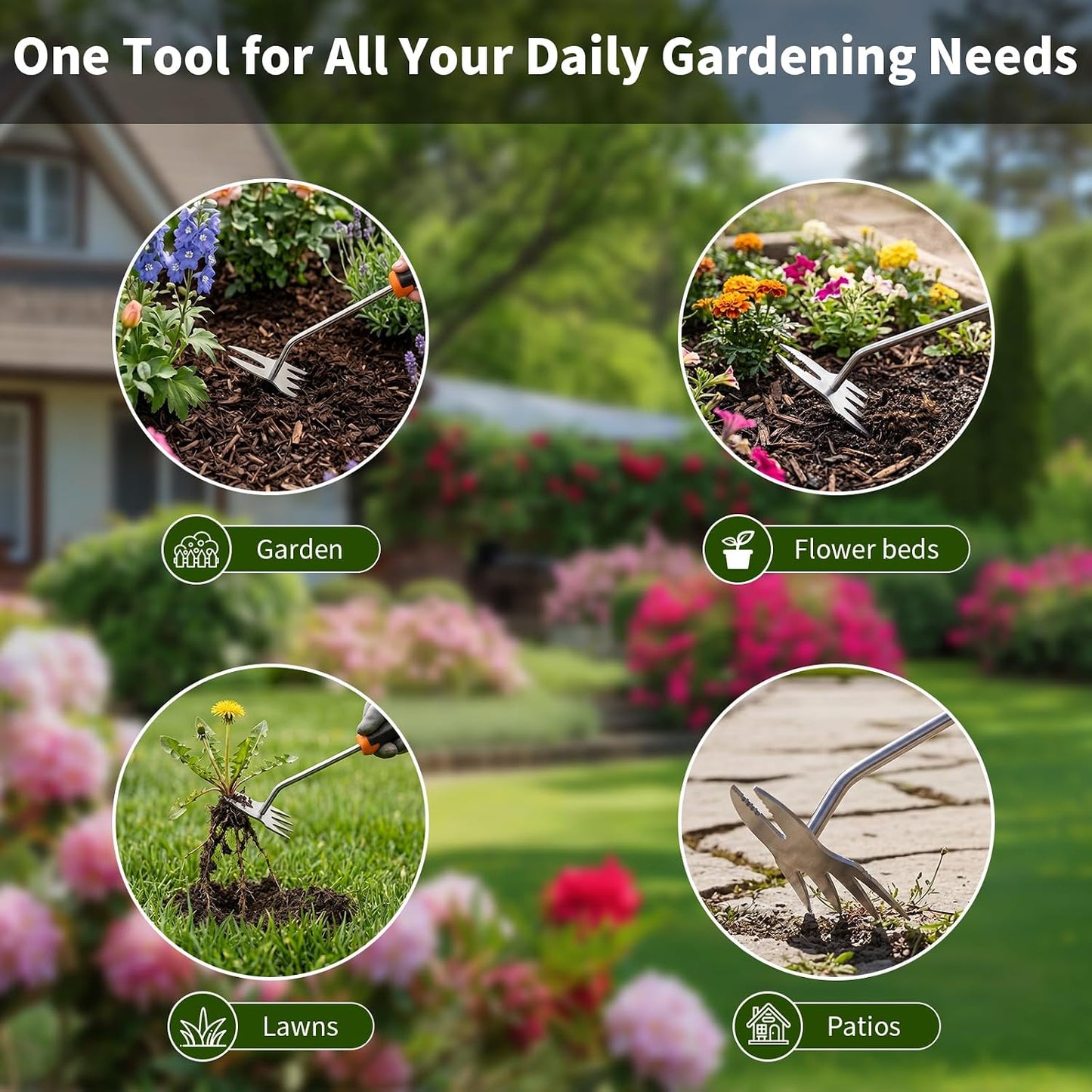 Weed Puller Tool, Heavy Duty Stainless Steel Garden Weed Puller with 4-Tine & Root Removal Fork, Weeding Tool, Deep Root Weed Remover for Dandelion, Crabgrass & Thistle, 2-in-1 Garden Tools (Orange)