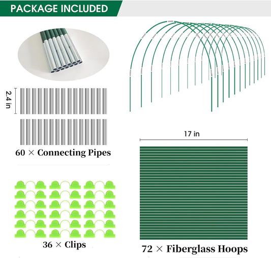 72Pcs Garden Hoops for Raised Beds Wide, 12 Sets of 8Ft Greenhouse Hoops Grow Tunnel, Rust-Free Fiberglass Hoops Frame for Row Cover Netting Shade Cloth DIY Garden Stakes Supplies