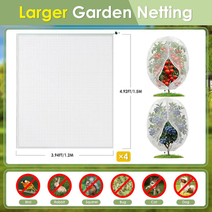 4PCS Insect Bird Barrier Mesh with Zipper Drawstring Blueberry Bush Netting