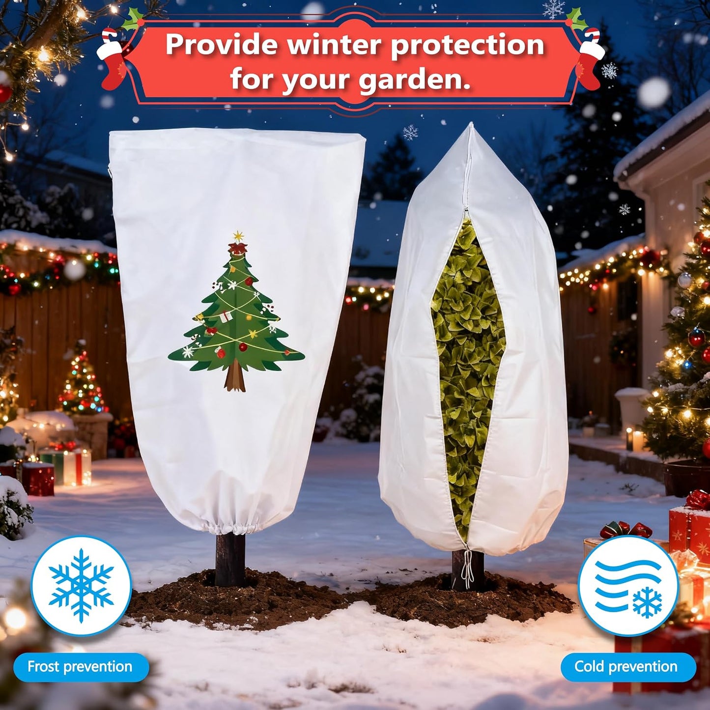 47" h x 32" w Plant Covers Freeze Protection -Reusable Tree wrap for Outdoor Plants,Cloths with Santa Claus Print, Zipper and Drawstring for Winter Frost Cloths for Outdoor Plants & Fruit Treesr-2Pack