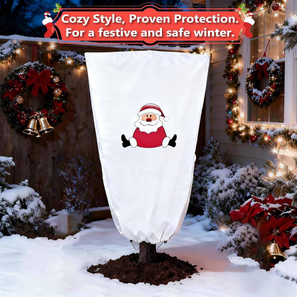 47" h x 32" w Plant Covers Freeze Protection -Reusable Tree wrap for Outdoor Plants,Cloths with Santa Claus Print, Zipper and Drawstring for Winter Frost Cloths for Outdoor Plants & Fruit Treesr-2Pack