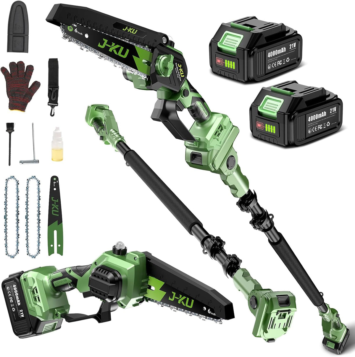 Electric Pole Saws for Tree Trimming: 6 Inch Mini Chainsaw Cordless with Extension Pole, 2x4000mAh Batteries, 21V Brushless Pole Saw Battery Powered Tree Trimmer 16 Ft reach Limb
