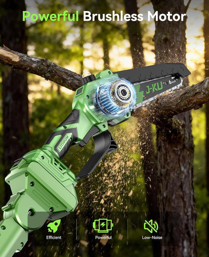 Electric Pole Saws for Tree Trimming: 6 Inch Mini Chainsaw Cordless with Extension Pole, 2x4000mAh Batteries, 21V Brushless Pole Saw Battery Powered Tree Trimmer 16 Ft reach Limb