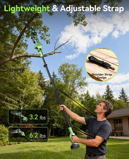 Electric Pole Saws for Tree Trimming: 6 Inch Mini Chainsaw Cordless with Extension Pole, 2x4000mAh Batteries, 21V Brushless Pole Saw Battery Powered Tree Trimmer 16 Ft reach Limb