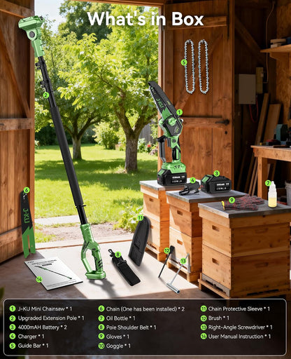 Electric Pole Saws for Tree Trimming: 6 Inch Mini Chainsaw Cordless with Extension Pole, 2x4000mAh Batteries, 21V Brushless Pole Saw Battery Powered Tree Trimmer 16 Ft reach Limb