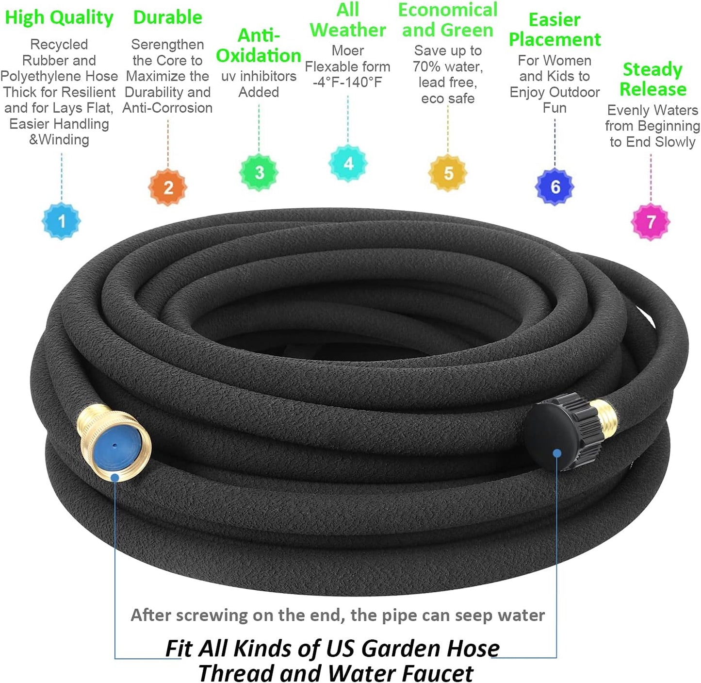 Soaker Hose, 1/2" x 25 FT Round Rubber Garden Soaker Hose, Heavy Duty Water Seeper Soaker Hoses for Foundation Watering, Garden Beds, Garden, Lawn and Plants