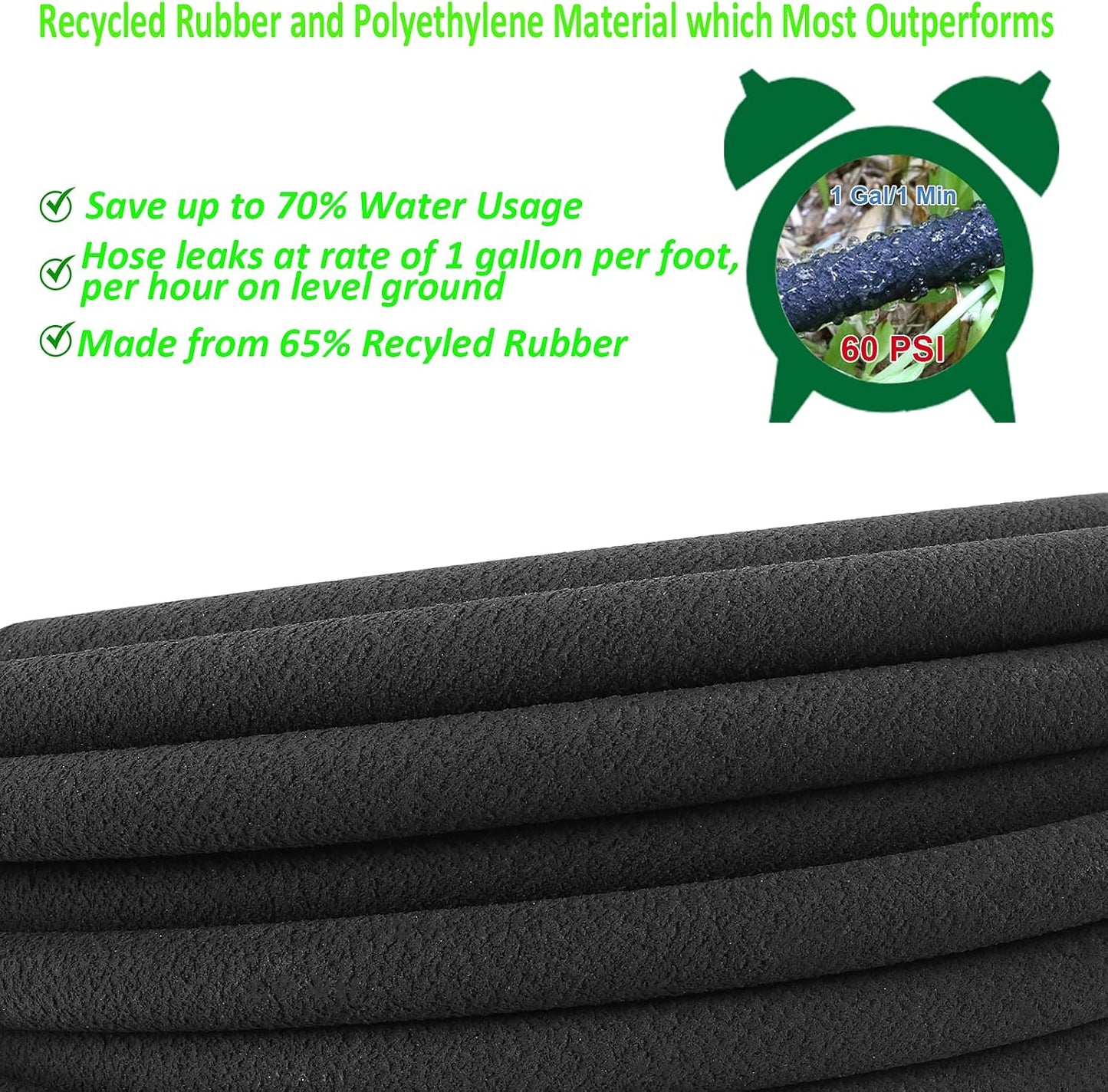 Soaker Hose, 1/2" x 25 FT Round Rubber Garden Soaker Hose, Heavy Duty Water Seeper Soaker Hoses for Foundation Watering, Garden Beds, Garden, Lawn and Plants