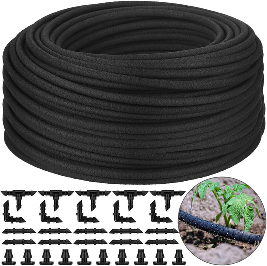 1/4 Inch Soaker Hose Irrigation Hose Drip Hose for Garden Heavy Duty Drip Irrigation Tubing with Hose Connector Set or Watering Planters Flower Vegetable Lawn Yard Landscaping, Black (100 ft)